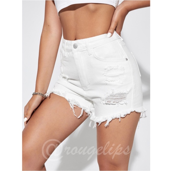 White Denim Shorts Distressed Ripped High Waist Raw Hem - Picture 4 of 9